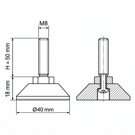 Pie regulable articulado atornillado M8x50 - FI40 pata EMFA GmbH