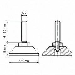 Pie regulable articulado atornillado M8x30 - FI50 Negro