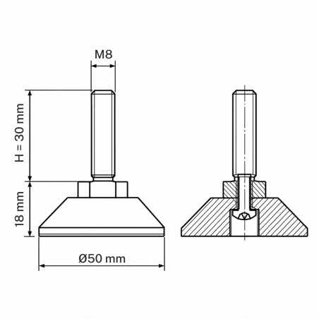 Pie regulable articulado atornillado M8x30 - FI50 pata EMFA GmbH