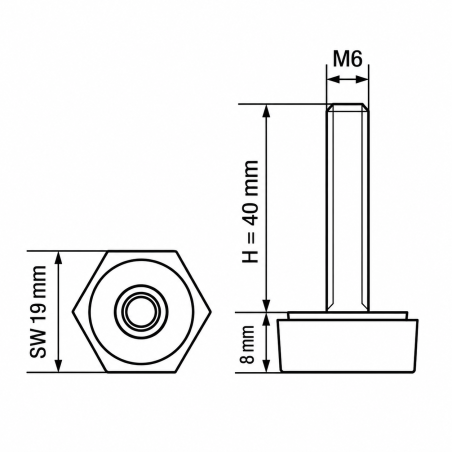Pie regulable hexagonal SW19 M6x40 - SW19 nivelador EMFA GmbH