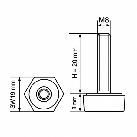 Pie regulable hexagonal SW19 M8x20 - SW19 Negro Pie regulable hexagonal SW19 M8x20 - SW19 nivelador EMFA GmbH
