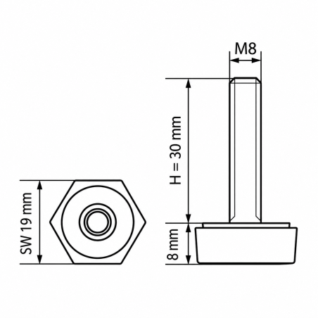 Pie regulable hexagonal SW19 M8x30 - SW19 nivelador EMFA GmbH