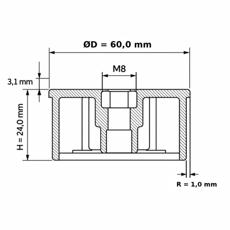 Tapón de inserción con tuerca para tubo redondo 60 mm M8 inserto roscado EMFA GmbH